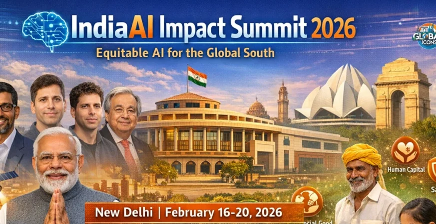 IndiaAI Impact Summit 2026 at Bharat Mandapam New Delhi with global AI leaders